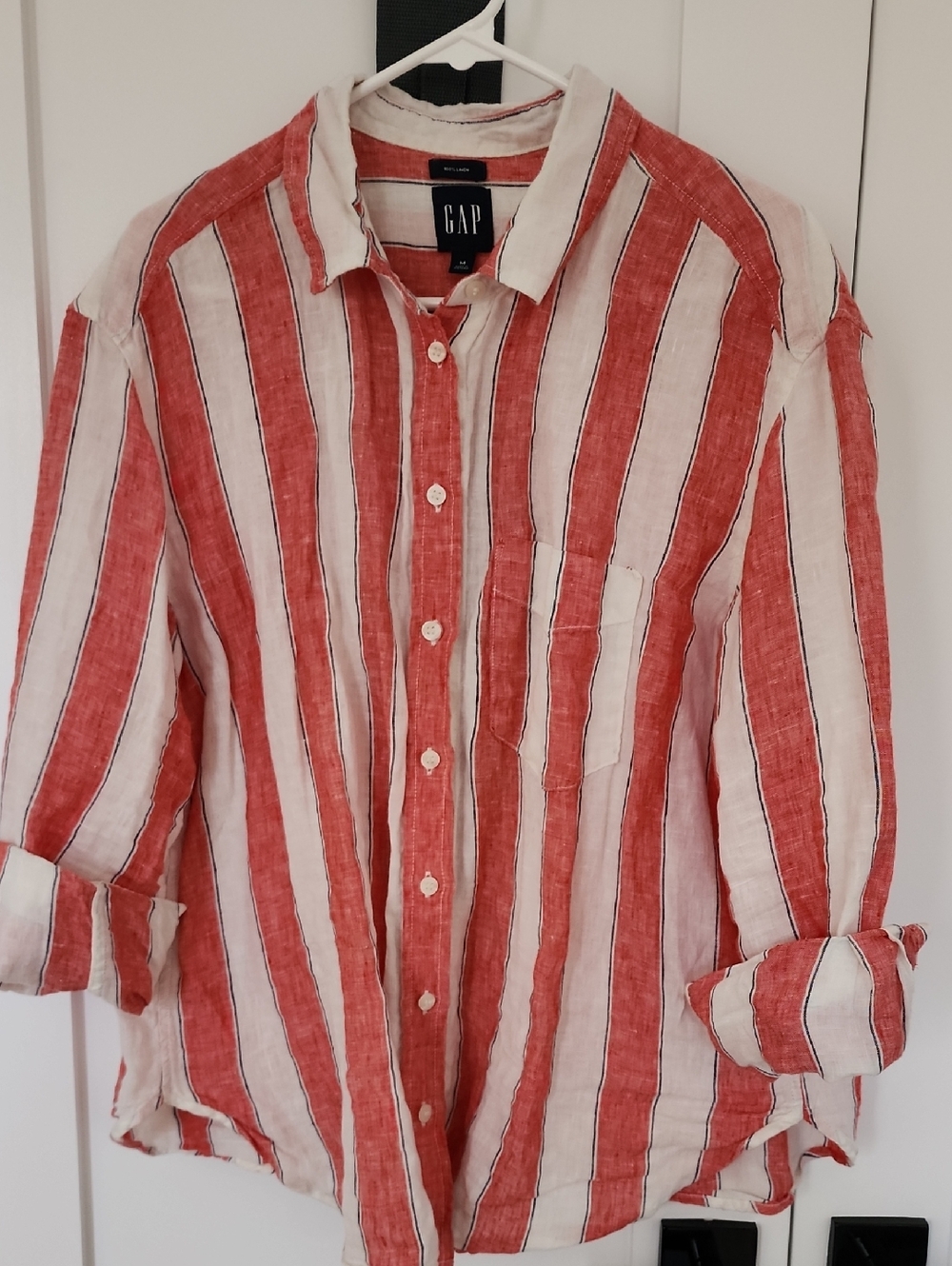 GAP Red and White Vertical Stripe Casual Button-Down Shirt
